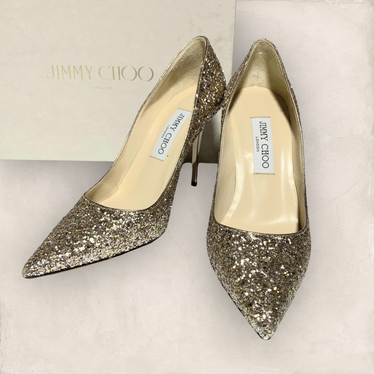 【美品・箱付き】JIMMY CHOO ジミーチュー パンプス ヒール ゴールド ラメ ホロ グリッター 箱付き サイズ38 1/2 202406-0323