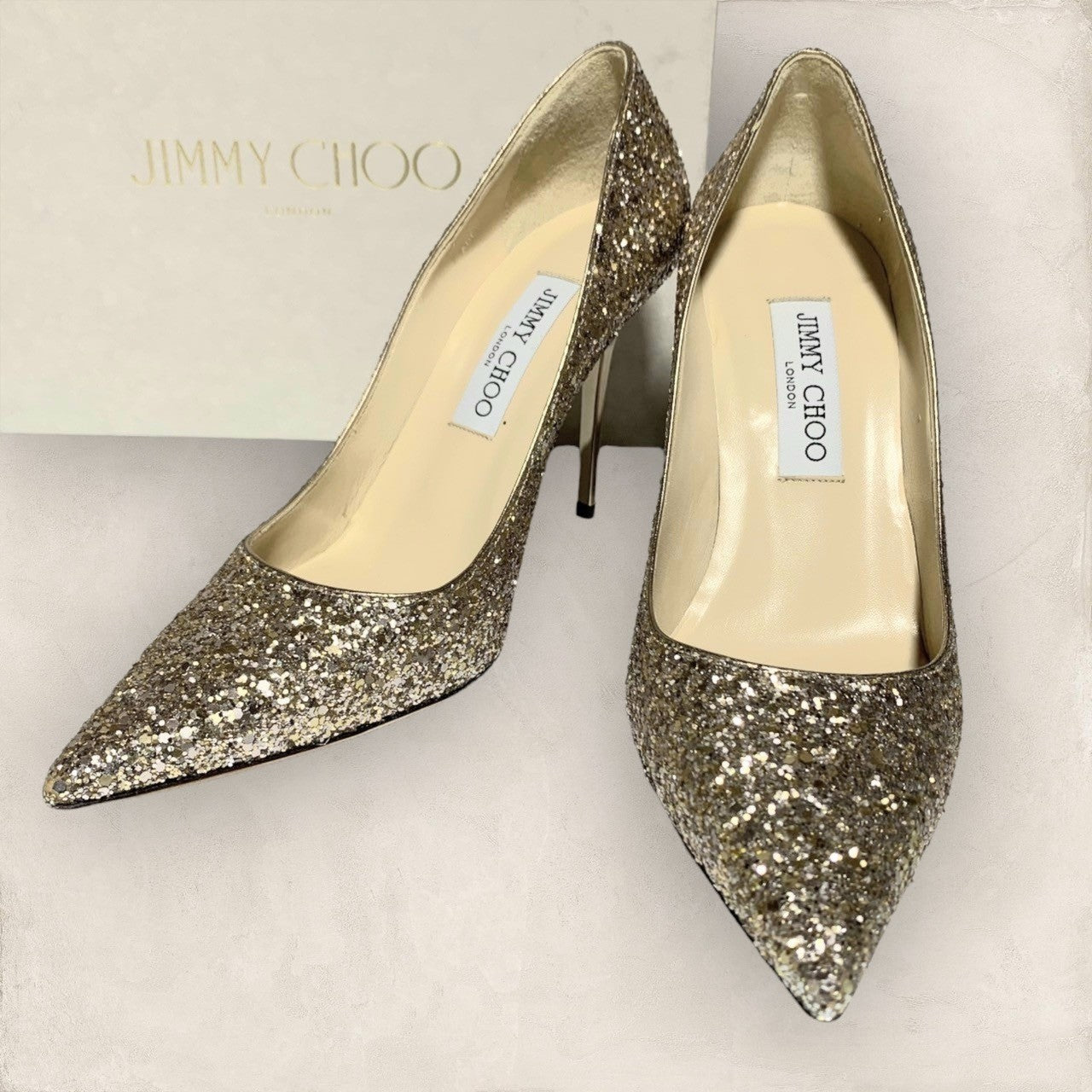 【美品・箱付き】JIMMY CHOO ジミーチュー パンプス ヒール ゴールド ラメ ホロ グリッター 箱付き サイズ38 1/2 202406-0323