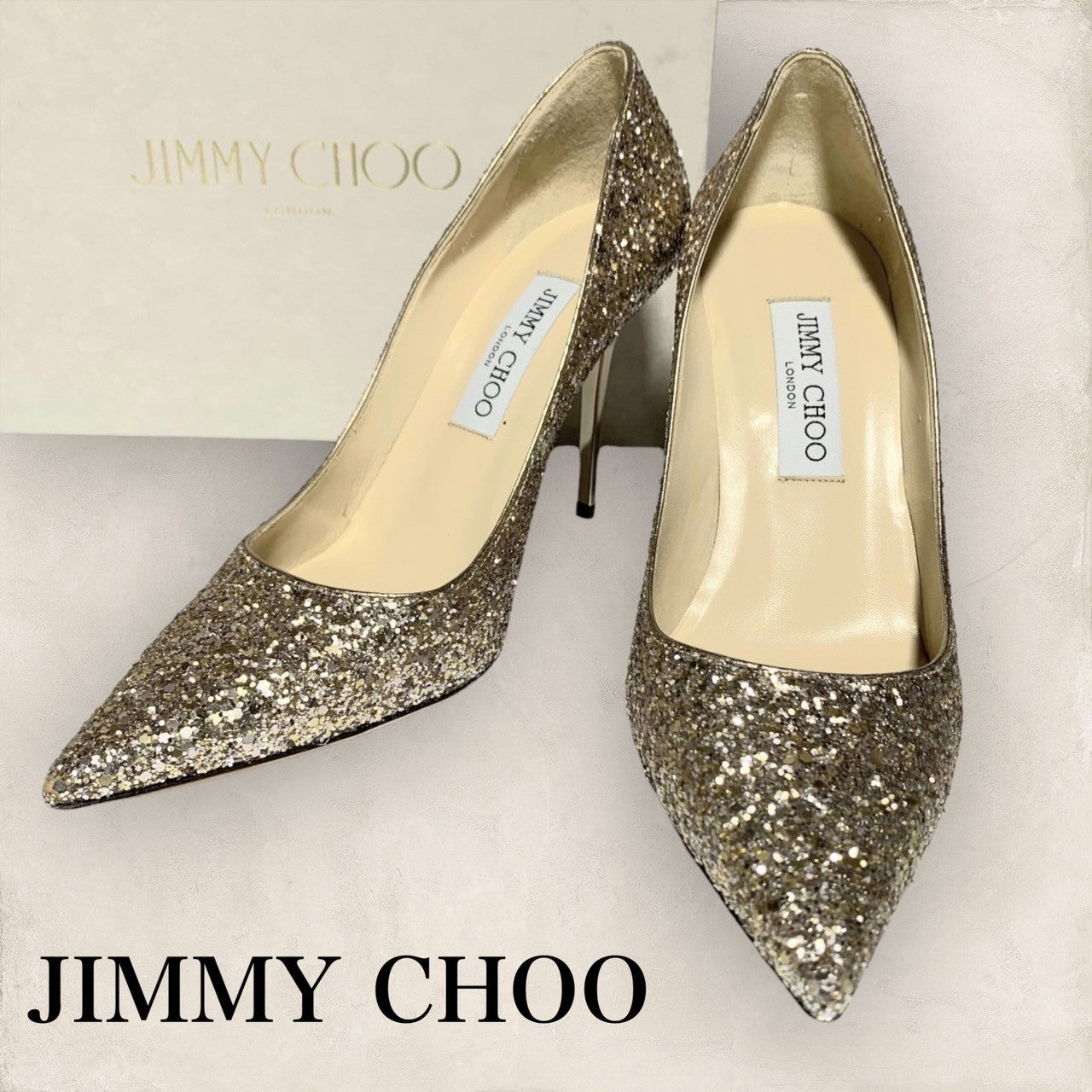 【美品・箱付き】JIMMY CHOO ジミーチュー パンプス ヒール ゴールド ラメ ホロ グリッター 箱付き サイズ38 1/2 202406-0323