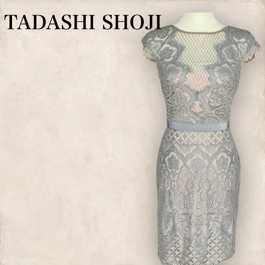 【やや汚れあり】TADASHI SHOJI タダシ・ショージ  ワンピース  半袖ドレスワンピース花柄レーズ グレー×ベージュ サイズ2 202406-0328