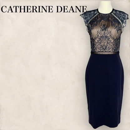 【美品】CATHERINE DEANE キャサリン・ディーン ワンピース  半袖ワンピーズ ネイビー ゴールド 紺 サイズUK10 US6 202406-0325