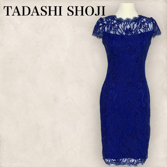 【目立った傷や汚れなし】TADASHI SHOJI タダシ・ショージ  ワンピース 半袖ドレスワンピース花柄レーズ ブルー 青 サイズ2  202406-0327