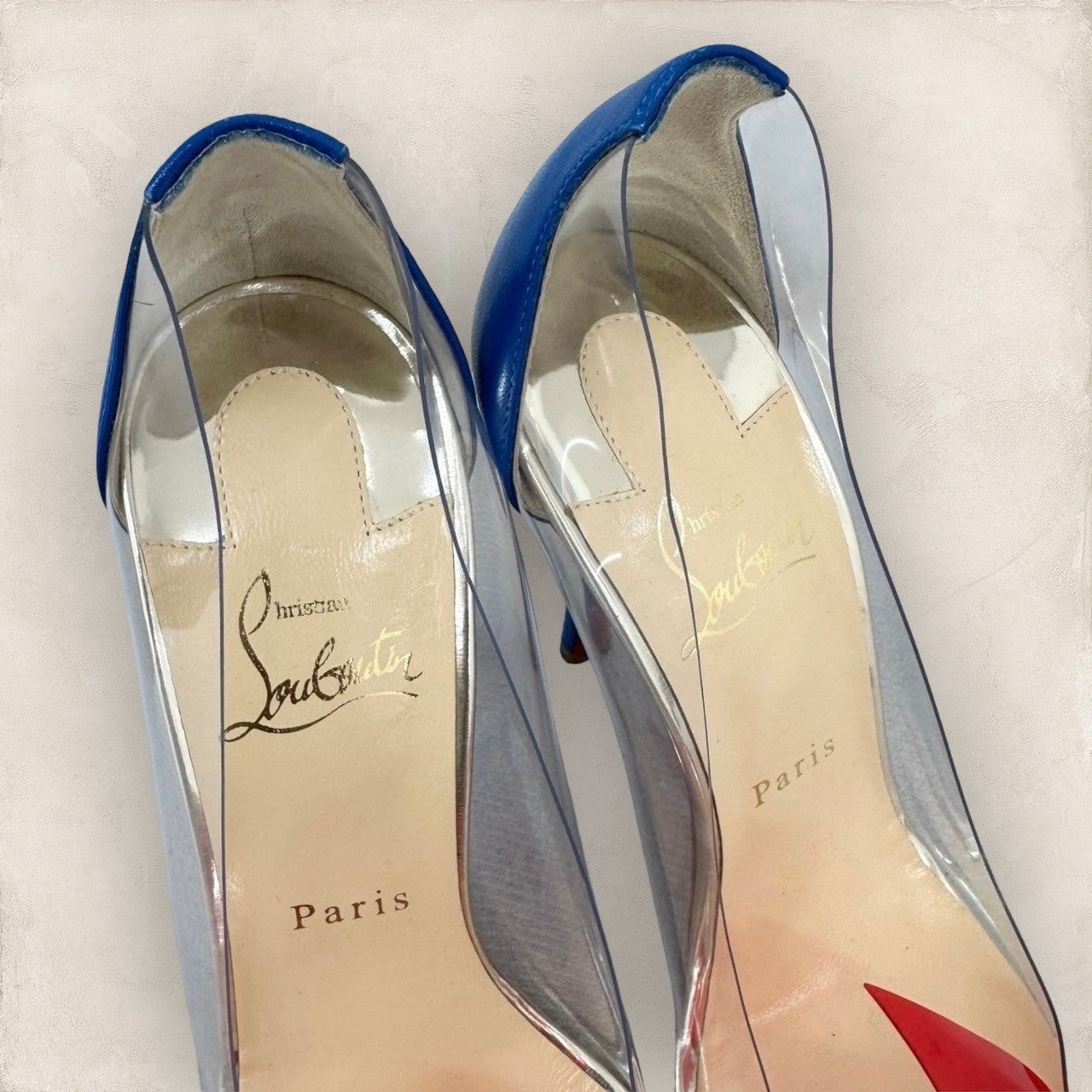 【未使用・極美品】Christian Louboutin クリスチャンルブタン リボンクリアデザイン レザーコンビパンプス サイズ38 1/2 赤青クリア 202408-0505