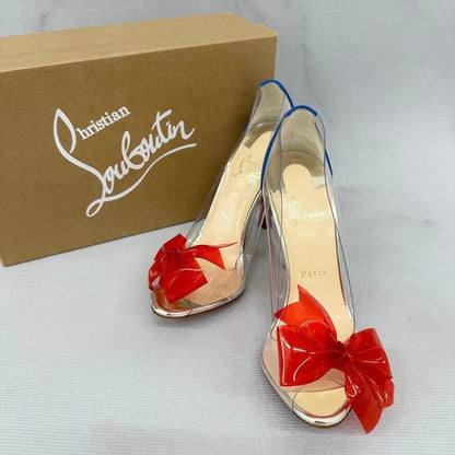 【未使用・極美品】Christian Louboutin クリスチャンルブタン リボンクリアデザイン レザーコンビパンプス サイズ38 1/2 赤青クリア 202408-0505