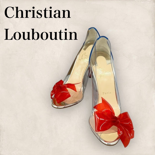 【未使用・極美品】Christian Louboutin クリスチャンルブタン リボンクリアデザイン レザーコンビパンプス サイズ38 1/2 赤青クリア 202408-0505