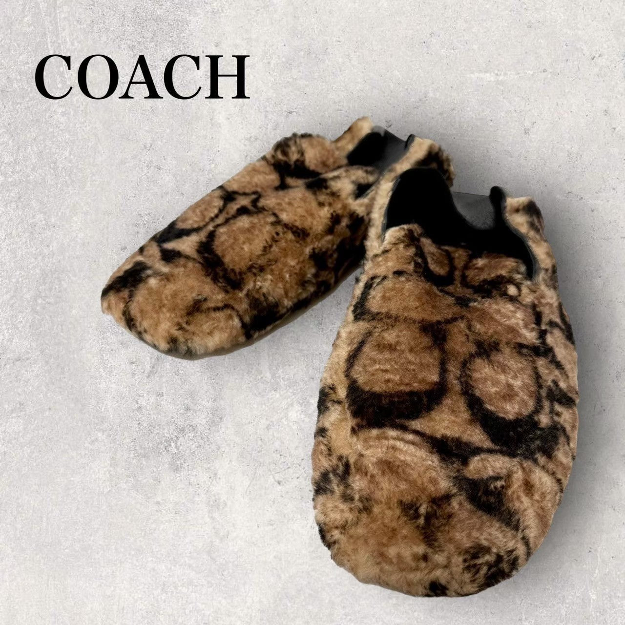 【目立った傷や汚れなし】COACH コーチ メンズ シグネチャー柄 フェイクファー スリッパシューズ サンダル US９D EUR42 ブラウン 茶色 202403-1386