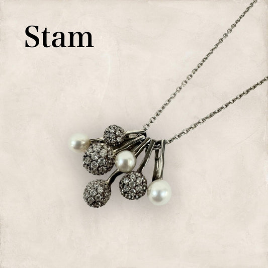 【美品】Staｍ ストーン ボール＆パールネックレス シルバー 202406-2098