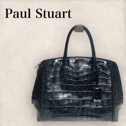 【やや汚れあり】Paul Stuart ポール・スチュアート ハンドバッグ 2way ショルダーバッグ ネイビー 紺 クロコ型押し ショルダー付き レザー 202406-0318