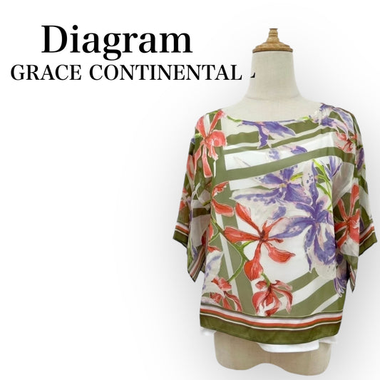 Diagram ダイアグラム GRACE CONTINENTAL グレースコンチネンタル 花柄 シースルーカットソー サイズ36 日本製 グリーン ホワイト