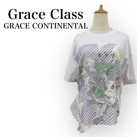 Grace Class グレースクラス GRACE CONTINENTAL グレースコンチネンタル ストライプ プリント 花柄 カットソーサイズ36 ホワイト×パープル